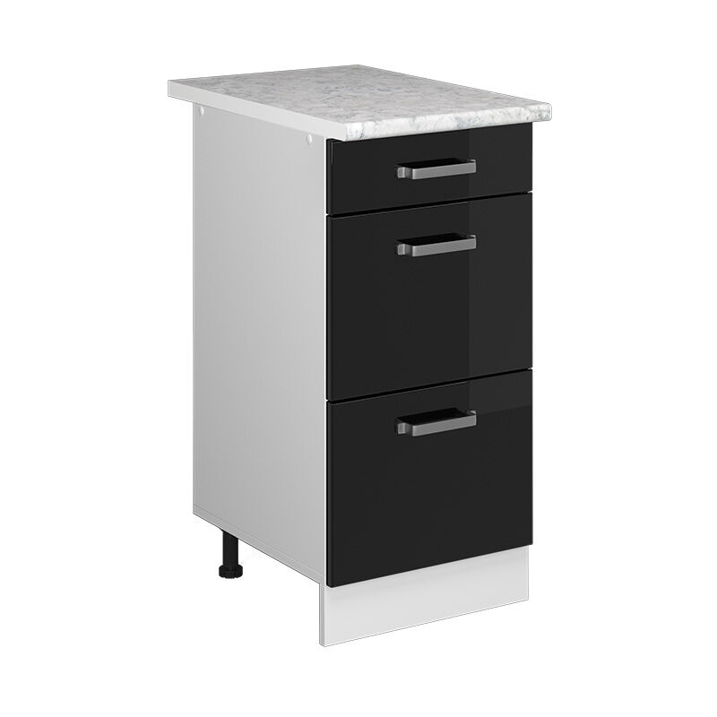 Vicco - Küchenunterschrank R-line, Schwarz Hochglanz, 40 Cm Mit Schubladen, Ap Marmor