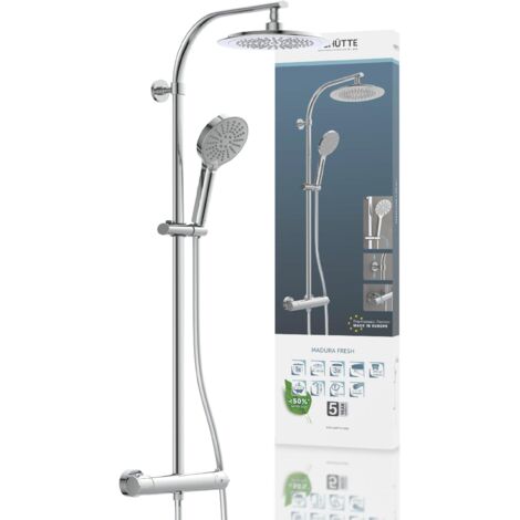 SCHÜTTE Duschsystem mit Thermostat Dusche Duscharmatur Regendusche Edelstahl Brausestange Höhenverstellbar Kopfbrause rund mit Handbrause 3-fach verstellbar 60046