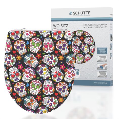 SCHÜTTE WC-Sitz aus Duroplast mit Absenkautomatik und Schnellverschluss Toilettendeckel mit Motiv Klodeckel Totenköpfe La Catrina 82586