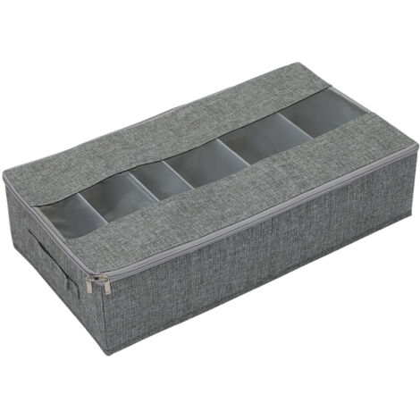 Schuhaufbewahrungsbox mit 6 Fächern aus waschbarem Baumwoll-Leinen-Gewebe, 60 x 30 x 14 cm, mit Reißverschlussdeckel und transparentem PVC-Fenster