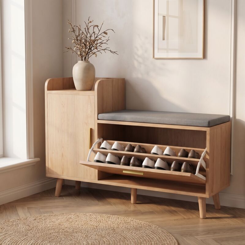 Lonelyo Schuhbank 100x35x69, 5 Cm, Mit Sitzkissen Und Stauraum, Klappe, Schuhregal Aus Holz, Eiche Hell