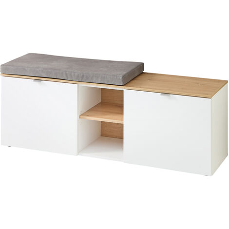 Schuhbank mit Sitzpolser 128 cm breit weiß matt mit Eiche BLISS-36