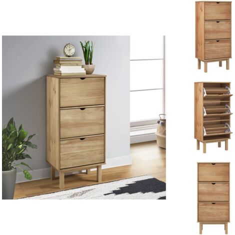 Schuhregale & -schränke - Living Schuhschrank OTTA mit 3 Schubladen Braun Massivholz Kiefer