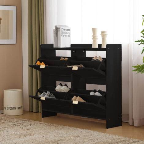 Schuhschrank – 110 x 90 x 24 cm – 4 Klappfächer – offene Regalböden – für den Eingangsbereich – schwarz