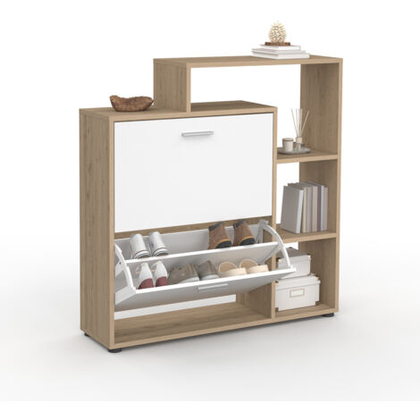 Schuhschrank 12 Paar KLARK Buche-Nachbildung 2 weiße Türen mit Regal
