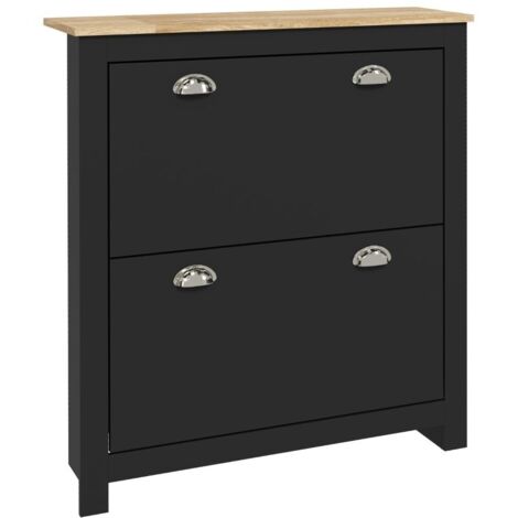 Schuhschrank, 2 Schubladen, schmal & modern, Holz mit Flügeltüren, 90,5x79x23 cm, schwarz