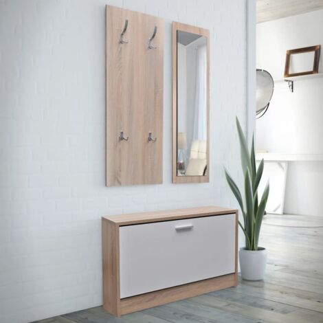 Schuhschrank 3-in-1 Holz Eiche und Weiß
