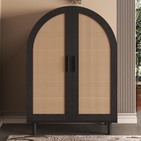 Schuhschrank – 70 x 40 x 100 cm – abgerundet – durchbrochene Türen aus Rattan und drei Einlegeböden – Schwarz und Natur