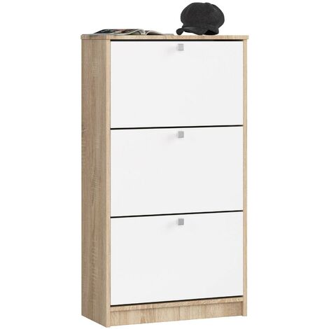 Schuhschrank AKORD in der Farbe Sonoma-Eiche mit 3 Schuhkipper Front Weiß B60 x H113 x T28,5 cm Gewicht 30 kg