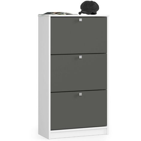 Schuhschrank AKORD in der Farbe Weiß mit 3 Schuhkipper Front Graphitgrau B60 x H113 x T28,5 cm Gewicht 30 kg