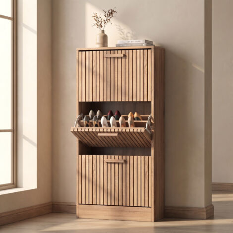 Schuhschrank aus Holz 60x24x113 cm, schmal, Schuhkipper für den Flur mit atmungsaktiven Klappen und Kippschutz, natürlicher Stil, Eiche hell