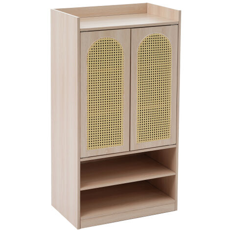 Schuhschrank aus Holz - Sideboard 115 cm hoch, 2 offene Fächer, Rattantür, verstellbare Einlegeböden