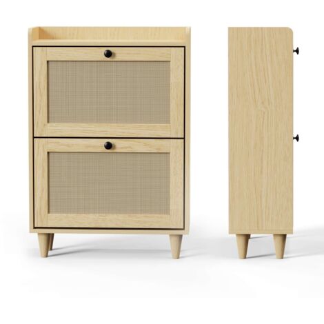 Schuhschrank aus natürlichem Rattan, Schuhaufbewahrung mit 2 Klapptüren für Eingangs- und Flurmöbel, 60 x 76 x 24 cm