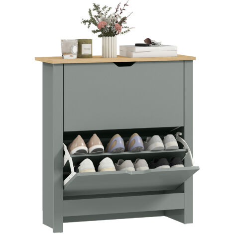 Schuhschrank für 12 Paar Schuhe, schmales Aufbewahrungsmöbel mit 2 Klappschubladen und verstellbaren Einlegeböden, hellgrau