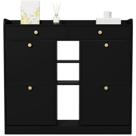 Schuhschrank, Kommode mit 4 Klapptüren, 2 Schubladen und 3 offenen Regalen, moderner Stil, geeignet für Flur und Eingangsbereich, einfach und praktisch, 110 × 26 × 100 cm, schwarz