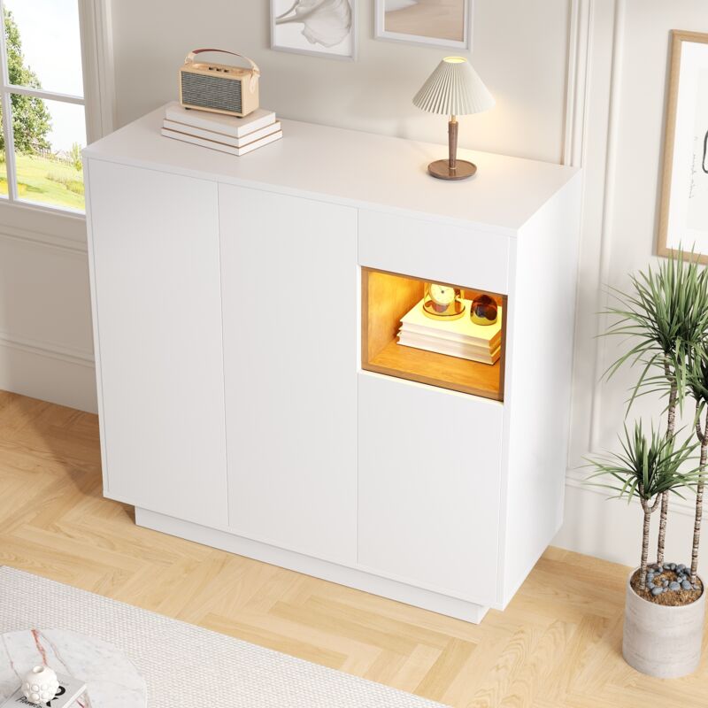 Stilvora Weiß Schuhschrank Mit 1 Schublade Und Led 16 Farben, Verstellbare Einlegeböden, Modern, Aus Spanplatte, Und Natur, 105×39,5×100,5 Cm