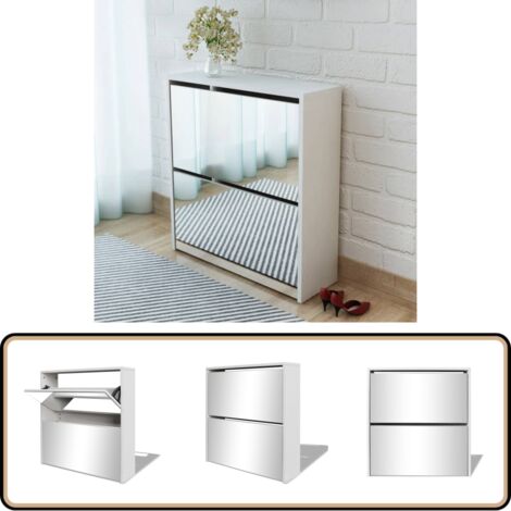 Schuhschrank mit 2 Fächern Spiegel Weiß 63x17x67 cm - Spiegel Schrank - Schuhschrank - Garderobe - Flurmöbel - Weiße Schränke