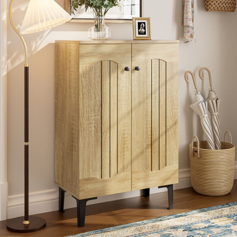 Stilvora Beige Schuhschrank Mit 2 Türen, Mehrere Feste Einlegeböden, Platzsparendes Raufsystem, Moderner Stil, Aus Spanplatte, Holz, 60×31,5×95 Cm