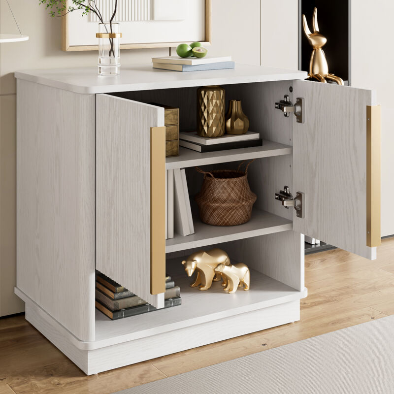 Stilvora Schuhschrank Mit 2 Türen Und Offenem Fach, Goldfarbene Griffe, Modern, Aus Mdf, Weiß Holzoptik, 60×40×61 Cm