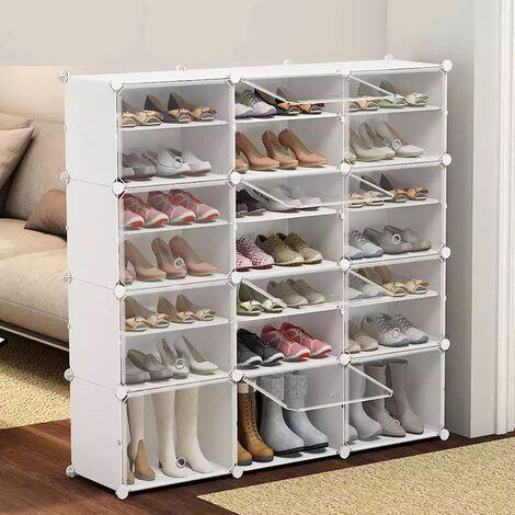 Schuhschrank mit 24 Fächern, Schuhregal groß, Steckregal Kunststoff DIY Weiß