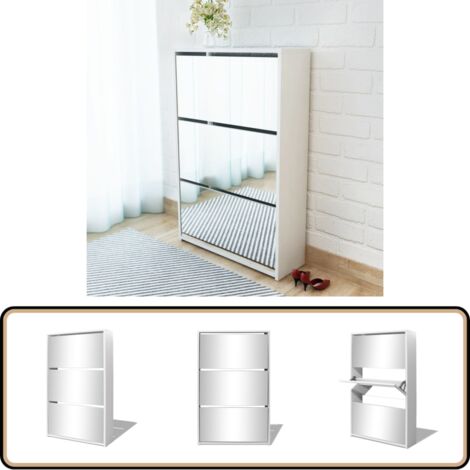 Schuhschrank mit 3 Fächern Spiegel Weiß 63x17x102,5 cm - Spiegel-Schuhschrank - Schuhschrank Weiß - Flurmöbel - Schuhregal - Schuhorganisation
