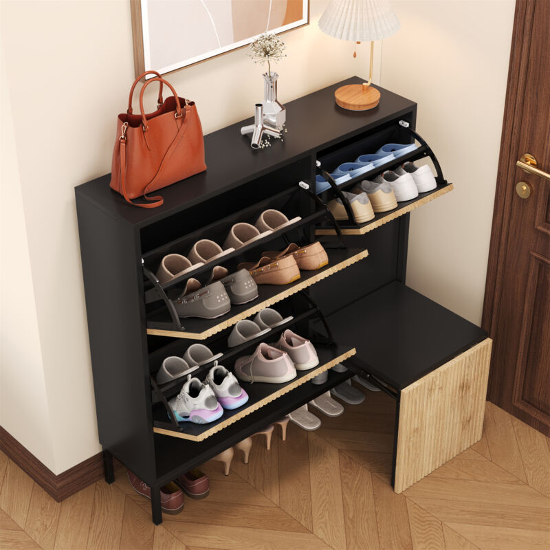 Stilvora Schuhschrank Mit 3 Klappen Und Ausziehbank, Offenes Ablagefach, Modern, Aus Mdf, Schwarz Und Natur, 100×25×100 Cm