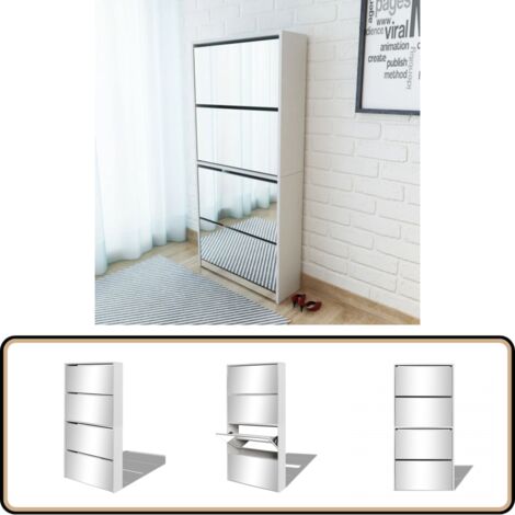 Schuhschrank mit 4 Fächern Spiegel Weiß 63×17×134 cm - Spiegel-Schuhschrank - Schuhschrank Weiß - Flurmöbel - Schuhregal - Schuhorganisation