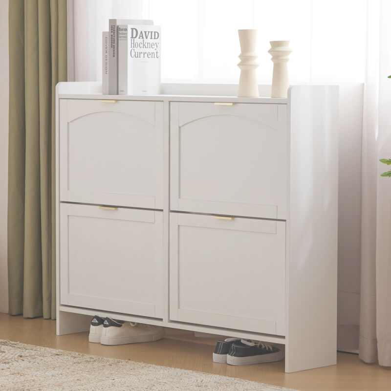 Stilvora Schuhschrank Mit 4 Klappfächern, Offenem Regal Und Ablagefläche, Modernes Design, Aus Spanplatte, Weiß, 110×24×90 Cm