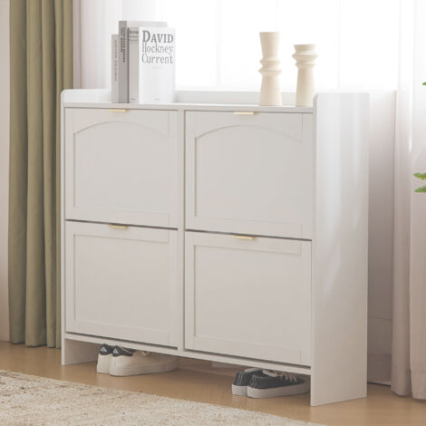 Schuhschrank mit 4 Klappfächern, Offenem Regal und Ablagefläche, Modernes Design, aus Spanplatte, Weiß, 110×24×90 cm