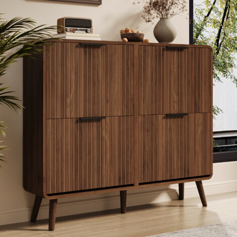 Schuhschrank mit 4 Klapptüren, Doppelte Schuhablage, Skandi Stil, aus MDF, 105×24×90 cm, Nussbaum