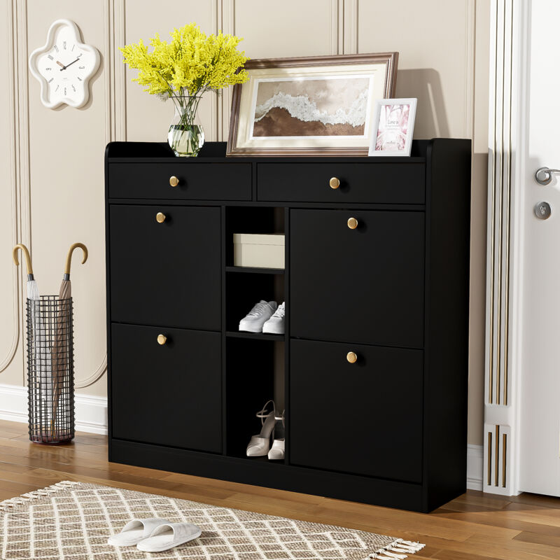 Modenvie Schuhschrank Mit 4 Klapptüren, 2 Schubladen Und 3 Offenen Fächern, Für Flur, Spanplatte, Schwarz, 110 X 26 X 100 Cm