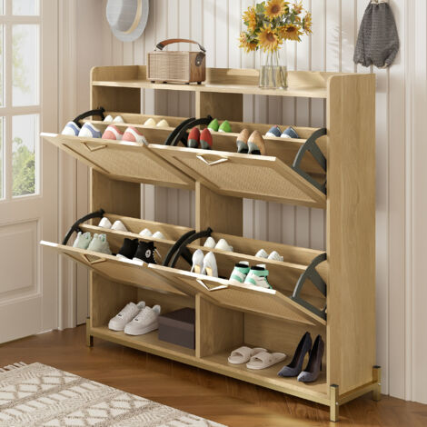 Schuhschrank mit 4 Türen und Oberablage, Platzsparend, Stil Natürlich, aus MDF, 108,5×24×100 cm, Hell-Eiche