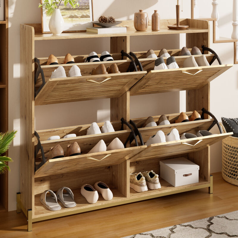 Stilvora Schuhschrank Mit 4 Türen Und Ablage, Metallgestell, Moderner Stil, Aus Mdf, Holzoptik, 108, 5×24×100 Cm