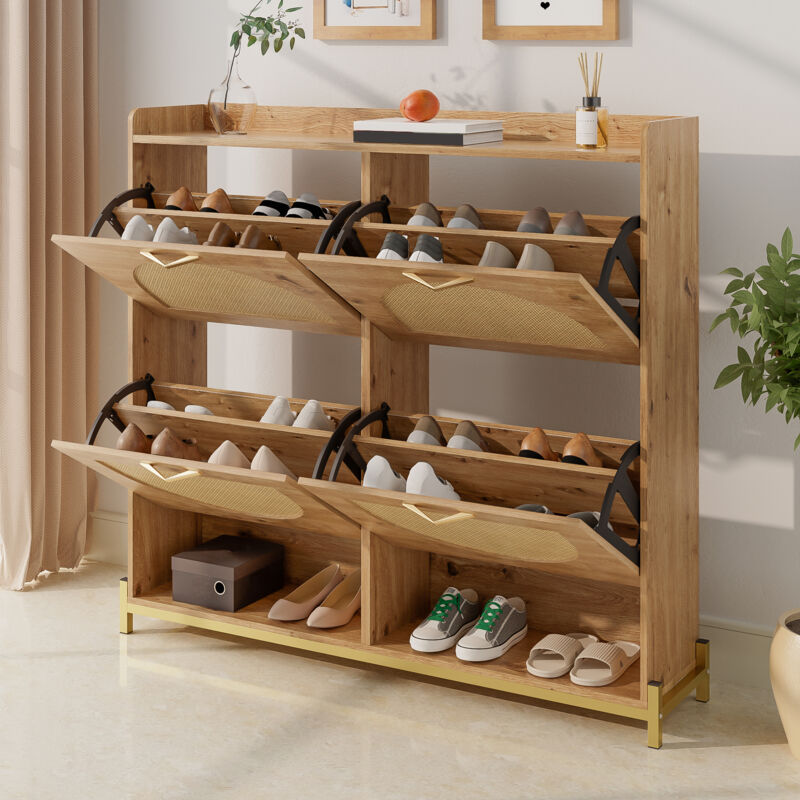 Stilvora Schuhschrank Mit 4 Türen Und Oberer Ablage, Platzsparend, Natur-optik, Aus Mdf, 108, 5×24×100 Cm, Holz