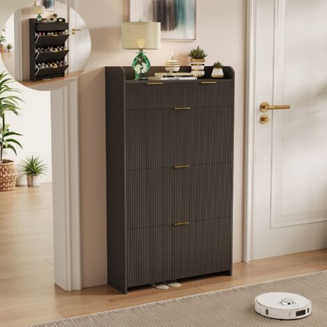 Schuhschrank, mit drei ausklappbaren Regalböden und zwei Schubladen, schmale Schuhschrank, modernes Design, 77 x 24 x 133 cm, Schwarz