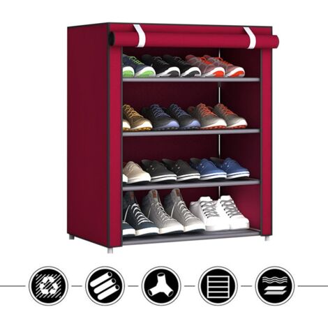 Schuhschrank mit robuster Staubschutzhaube aus Kunststoff, 4 Fächer, jujubenrote Farbe, großes Stauvolumen.