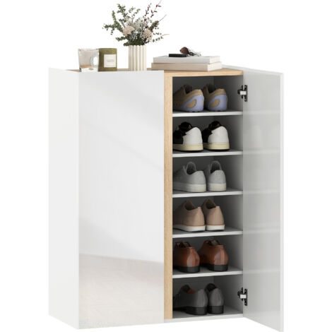 Schuhschrank mit Soft-Close-Mechanismus, 6 Ebenen ohne Griffe, bietet Platz für bis zu 18 Paar Schuhe, ideal für Eingangsbereich oder Flur, aus weißem Holz.