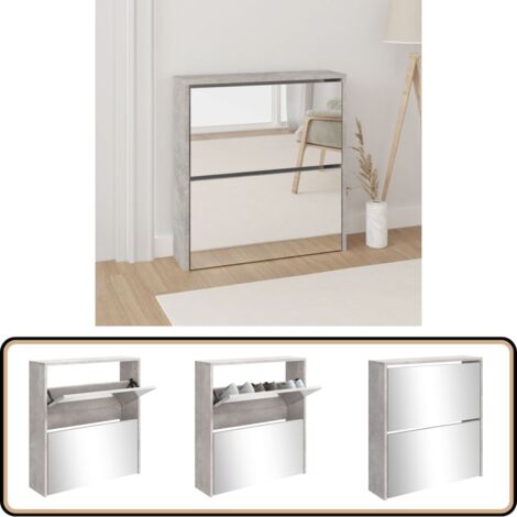 Schuhschrank mit Spiegel 2 Fächer Betongrau 63x17x67 cm - Schuhschrank - Schuhregal - Garderobe - Einbauschrank - Beton Grau
