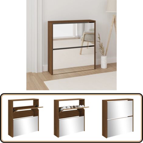 Schuhschrank mit Spiegel 2 Fächer Braun Eichen-Optik 63x17x67cm - Schuhschrank - Schuhregal - Eiche Optik - Holzmöbel - Garderobe