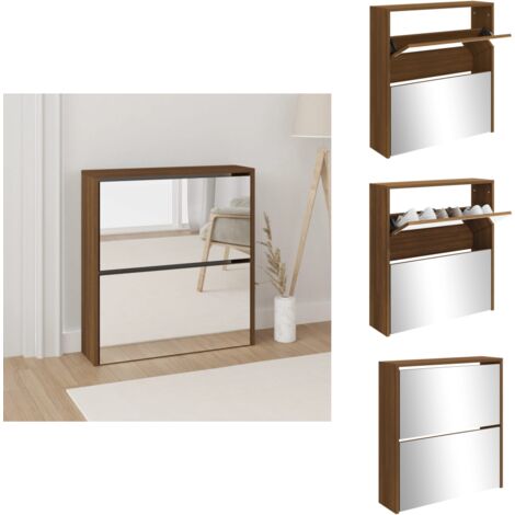 Schuhschrank mit Spiegel 2 Fächer Braun Eichen-Optik 63x17x67cm - Schuhschrank - Schuhregal - Eiche Optik - Holzmöbel - Garderobe