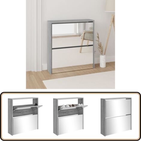 Schuhschrank mit Spiegel 2 Fächer Grau Sonoma 63x17x67 cm - Schuhschrank - Schuhregal - Garderobe - Einbauschrank - Aufbewahrungsraum