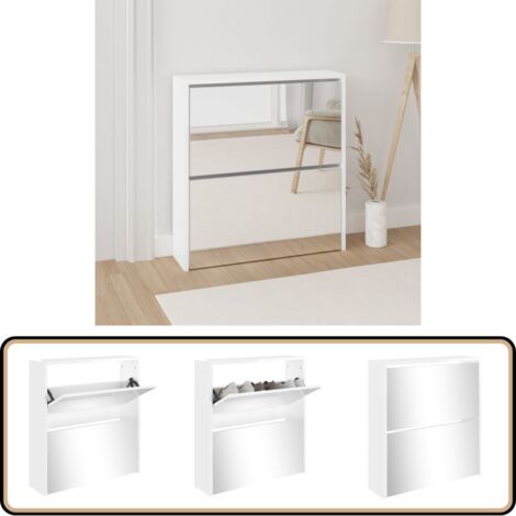 Schuhschrank mit Spiegel 2 Fächer Hochglanz-Weiß 63x17x67 cm - Schuhschrank - Schuhregal - Garderobe - Einbauschrank - Aufbewahrung