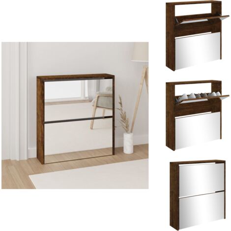 Schuhschrank mit Spiegel 2 Fächer Räuchereiche 63x17x67 cm - Schuhschrank - Schrank - Regal - Garderobe - Einbauschrank