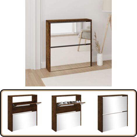 Schuhschrank mit Spiegel 2 Fächer Räuchereiche 63x17x67 cm - Schuhschrank - Schrank - Regal - Garderobe - Einbauschrank