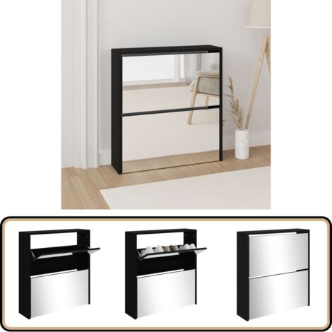 Schuhschrank mit Spiegel 2 Fächer Schwarz 63x17x67 cm - Schuhschrank - Schrank - Schuhregal - Garderobe - Einbauschrank