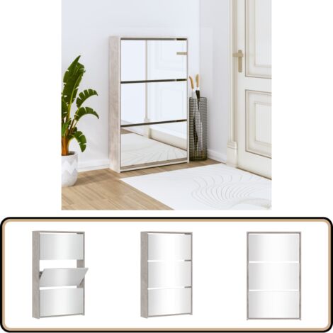 Schuhschrank mit Spiegel 3 Fächer Betongrau 63x17x102,5 cm - Schuhschrank - Schuhregal - Garderobe - Einbauschrank - Beton Grau