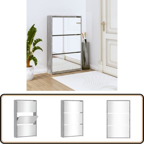 Schuhschrank mit Spiegel 3 Fächer Grau Sonoma 63x17x102,5 cm - Schuhschrank - Schuhregal - Garderobe - Einbauschrank - Aufbewahrungssystem