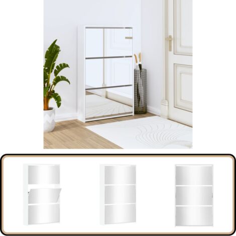 Schuhschrank mit Spiegel 3 Fächer Hochglanz-Weiß 63x17x102,5 cm - Schuhschrank - Schrank - Garderobe - Schuhregal - Aufbewahrungssystem