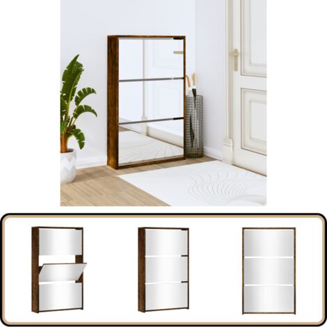 Schuhschrank mit Spiegel 3 Fächer Räuchereiche 63x17x102,5 cm - Schuhschrank - Schrank - Regal - Schuhregal - Garderobe