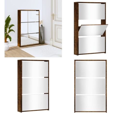 Schuhschrank mit Spiegel 3 Fächer Räuchereiche 63x17x102,5 cm - Schuhschrank - Schrank - Regal - Schuhregal - Garderobe - Home & Living